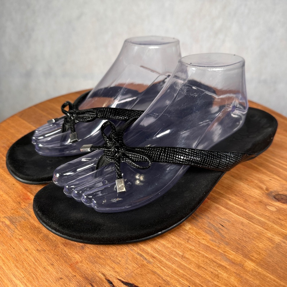 Vionic Bella Sandals Womens 11 Black  Snake Embossed Bow Thong Flip Flop